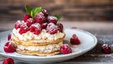 Layered pancakes with raspberries and cream