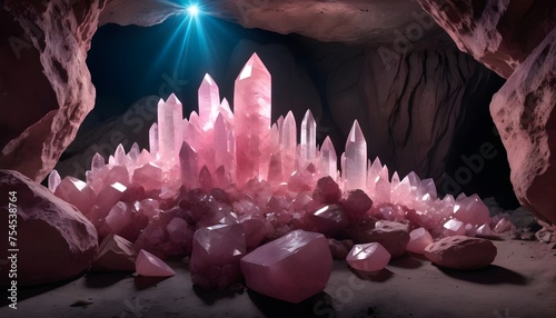 A lot of pink quartz crystals in a dark moisty cave, light from an opening on the ceiling photo