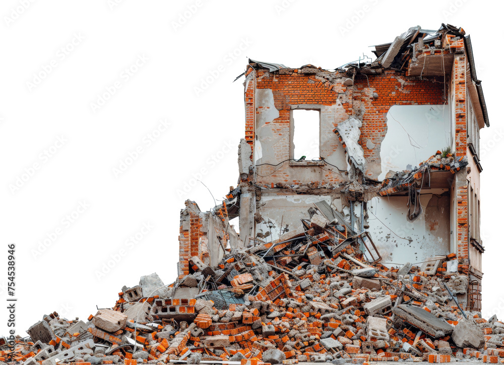 Demolished building ruins with scattered debris, cut out - stock png.
