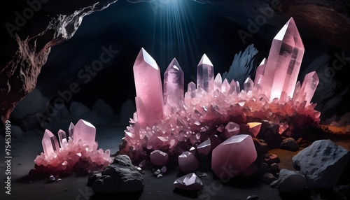 A lot of pink quartz crystals in a dark moisty cave, light from an opening on the ceiling photo