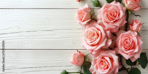 Elegant pink roses on a white wooden background, a perfect visual for romantic occasions, floral shops, and springtime event invitations