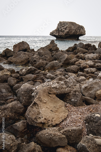 Rocky Ionian Sea shore near Sinarades village on Corfu Island, Greece photo