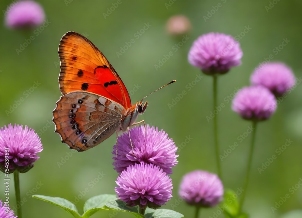 Orange butterfly with white stripes on its wings perched on a purple flower with more yellow flowers and orange leaves in the background Orange butterfly with white stripes on its wings perched on a purple flower with more yellow flowers and orange leaves in the background