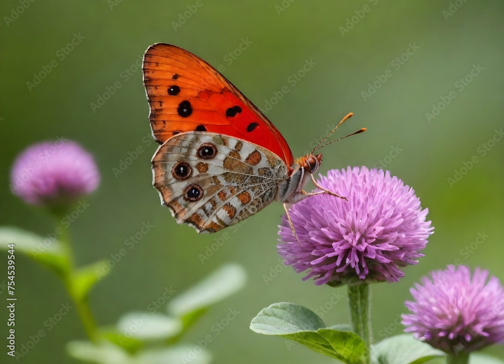 Obraz premium Orange butterfly with white stripes on its wings perched on a purple flower with more yellow flowers and orange leaves in the background
