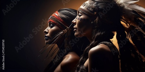 Portrait of two women wearing Indian headdresses and face paint stand side by side