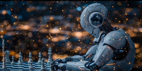 Robot Engaged in Chess Strategic Thinking. Concept Chess Strategy, Artificial Intelligence, Robotics, Competitive Gaming