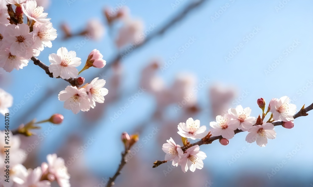 Close-up of pink cherry blossoms with yellow stamens against a clear blue sky  background
