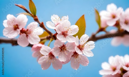 Close-up of pink cherry blossoms with yellow stamens against a clear blue sky background