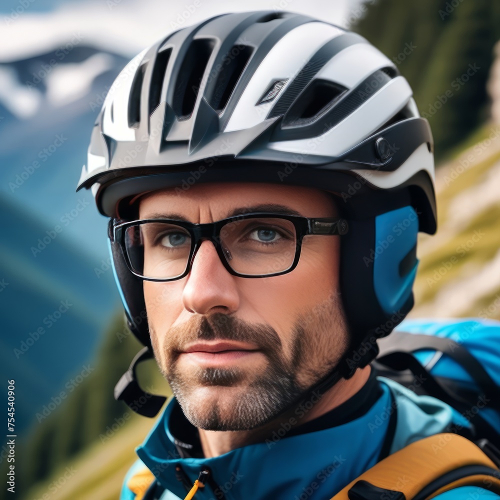 Man wearing helmet and glasses stands confidently before towering mountain backdrop ready for adventure and exploration. He may be gearing up for bicycle ride or some other outdoor activity. Man wearing helmet and glasses stands confidently before towering mountain backdrop ready for adventure and exploration. He may be gearing up for bicycle ride or some other outdoor activity.