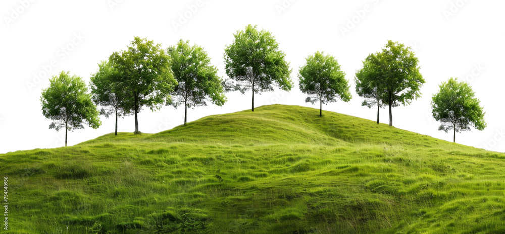 Serene rolling green hills with lush trees in a peaceful landscape on transparent background - stock png.
