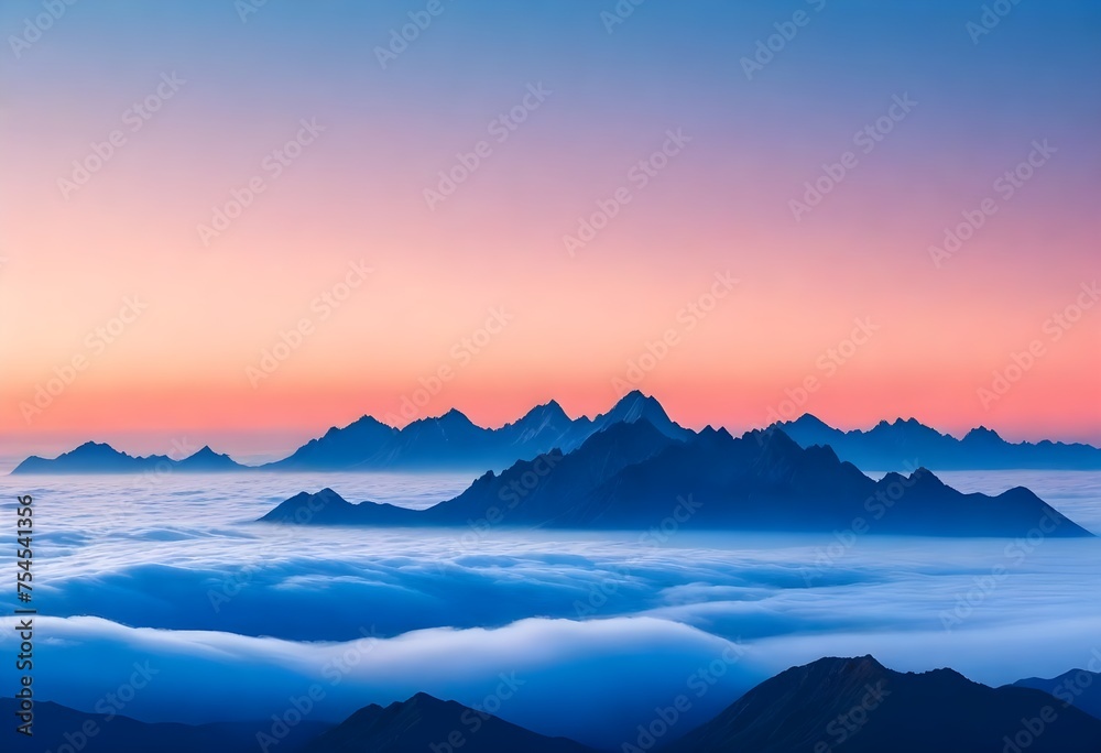 Mountain range with peaks above clouds during sunrise or sunset with a gradient sky from 
blue to orange