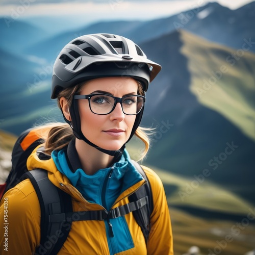 Woman wearing helmet and glasses stands confidently before towering mountain backdrop ready for adventure and exploration.She may be gearing up for bicycle ride or some other outdoor activity.