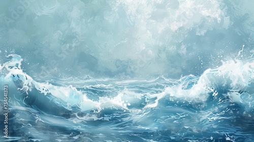 A rough and heavy sea during a thunderstorm. A large ocean wave with white foam. Sailing vessel. Digital art in watercolor style