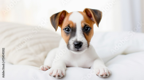 Jack russel terrier puppy sleeping on white bed. © Kassandra