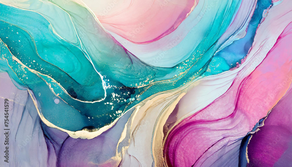 Abstract wavy fluid art background, pastel colors and golden foil. Liquid marble. Acrylic painting