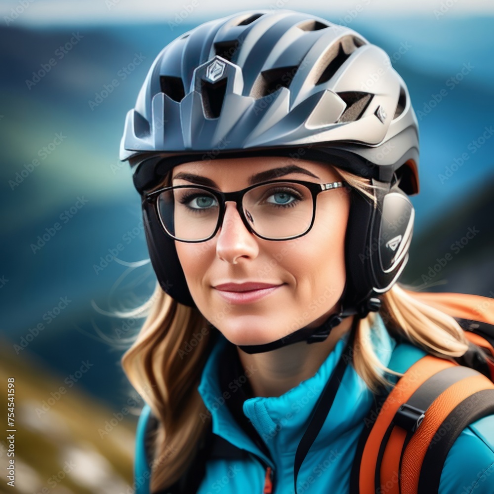 Woman wearing helmet and glasses stands confidently before towering mountain backdrop ready for adventure and exploration.She may be gearing up for bicycle ride or some other outdoor activity. Woman wearing helmet and glasses stands confidently before towering mountain backdrop ready for adventure and exploration.She may be gearing up for bicycle ride or some other outdoor activity.