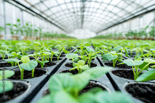 Cucumber Seedlings Growing in Greenhouse Rows. Rows of young cucumber plants in individual pots in a large, bright greenhouse with a glass ceiling. Horizontal photo