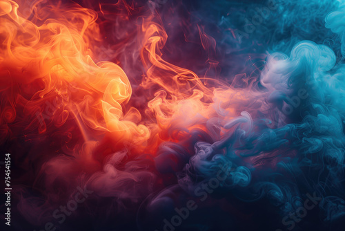 Dense multicolored smoke of red, blue and yellow colors on a black isolated background. Background from the smoke of vape