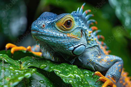 Close up of a blue iguana on a leaf in the rainforest