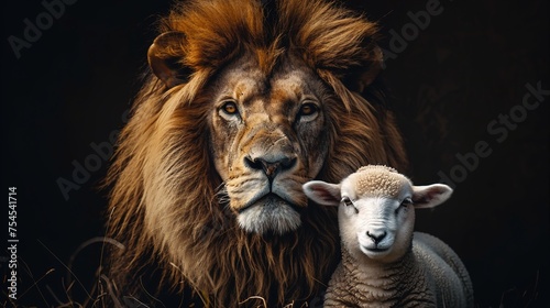Lion and Lamb in Front of a Black Background  AI-Generated