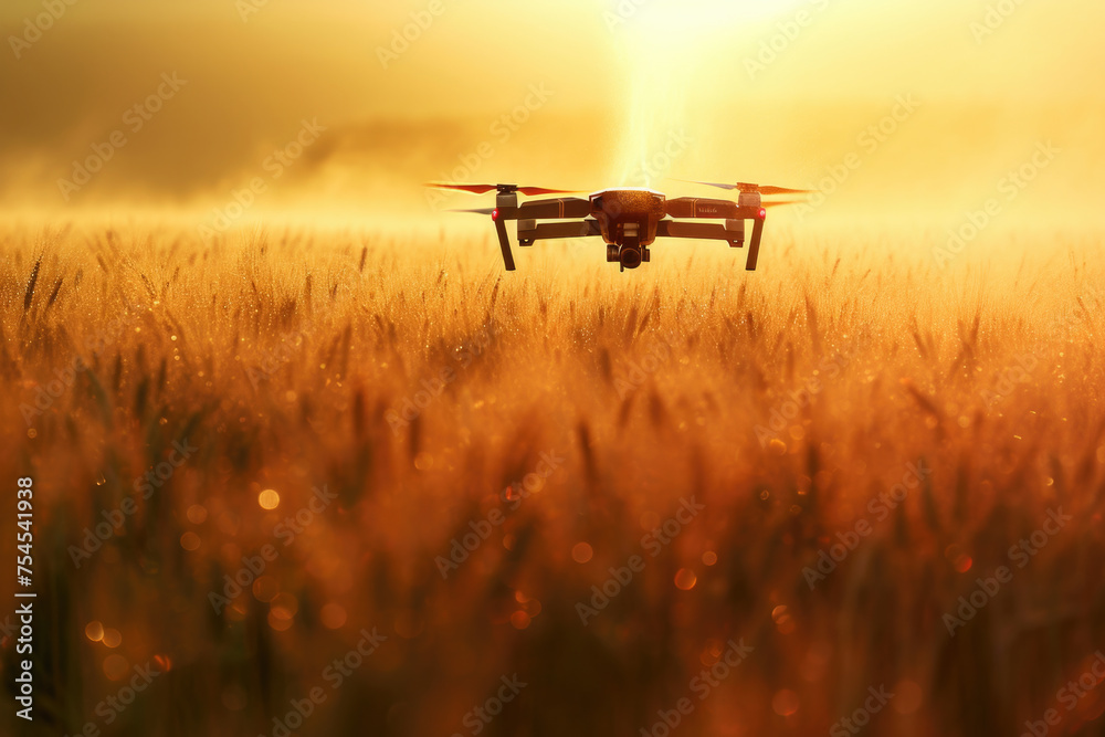 Drone is flying over field of tall grass