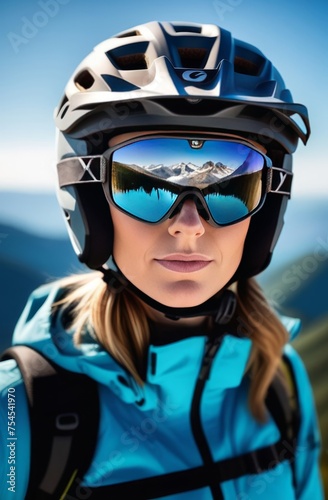 Woman wearing helmet and sunglasses glasses stands confidently before towering mountain backdrop ready for adventure, exploration.She may be gearing up for bicycle ride or some other outdoor activity.