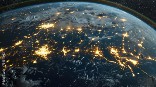 View of Earth at night, with lights of cities