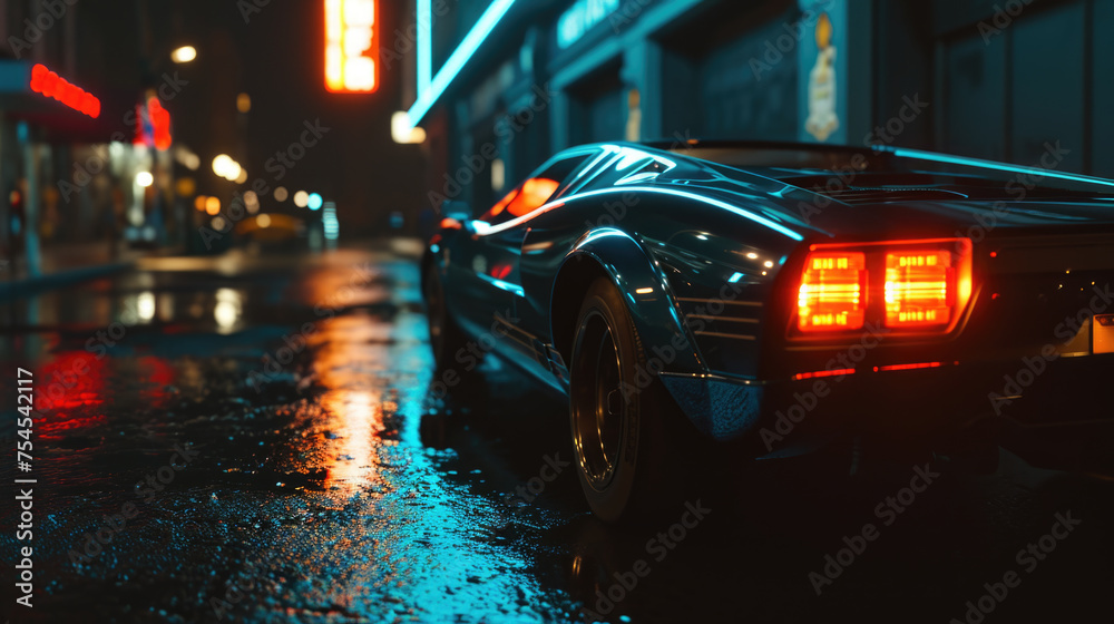 Car is parked on wet street at night
