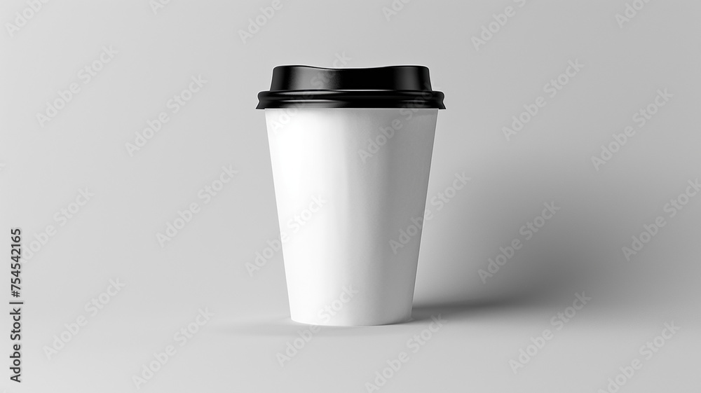 White paper cup with black lid on gray background. Suitable for branding, advertising, mockup or beverage design. White paper cup with black lid on gray background. Suitable for branding, advertising, mockup or beverage design.