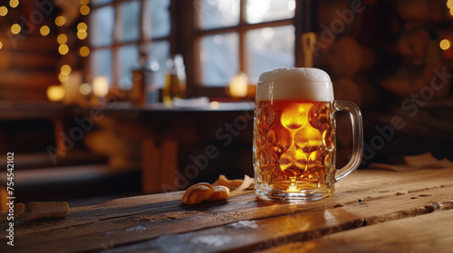 Glass of beer is sitting on wooden table