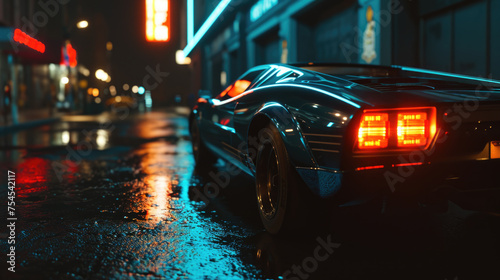 Car is parked on wet street at night © vefimov