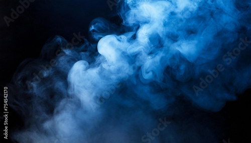 Motion blue explosion smoke, fluid splash vapor cloud, ink in water, texture art black background