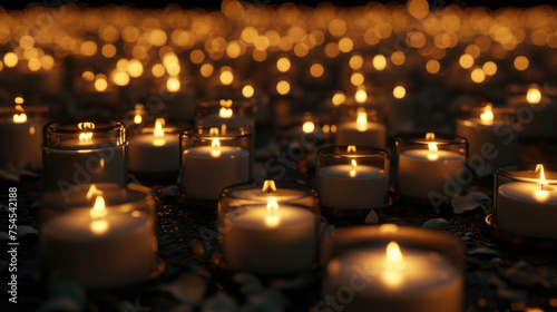 Large group of candles are lit in dark room