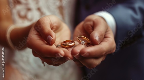Wedding rings in focus, the concept of wedding and love. 