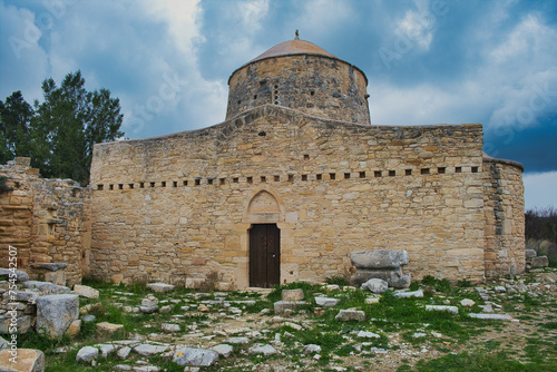 The 15th-century church of the ruined monastery of Timios Stavros or Holy Cross Monastery in Anogyra, Lemesos (Limassol), Cyprus, a barrel vaulted church with a single nave and dome
 photo