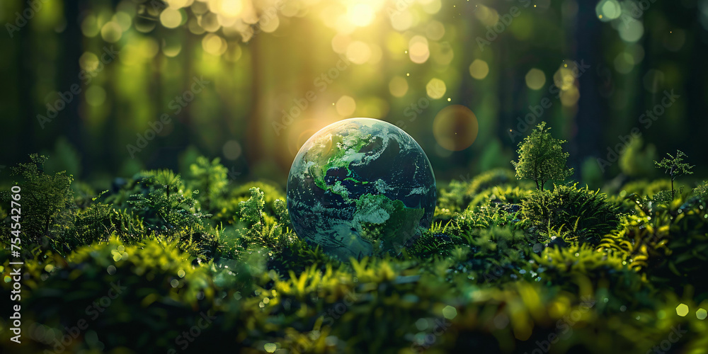 Fototapeta premium Earth Day concept with miniature earth in the middle of a green forest