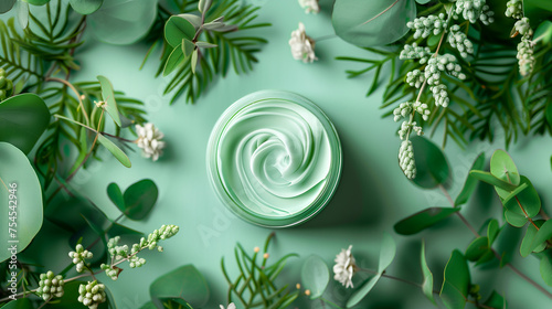 Top View Beauty Cosmetics. Light Green Anti Ageing Cream in Glass Jar with Green Plant Leaves, Monochrome Horizontal. Flatly Herbal Skincare Product. Natural, Sustainable Prebiotic AI Generated