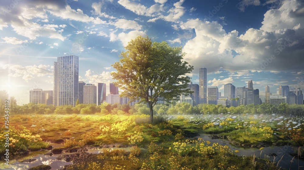Obraz premium A transformation unfolds as land changes to boost carbon capture, turning barren land into a thriving park.