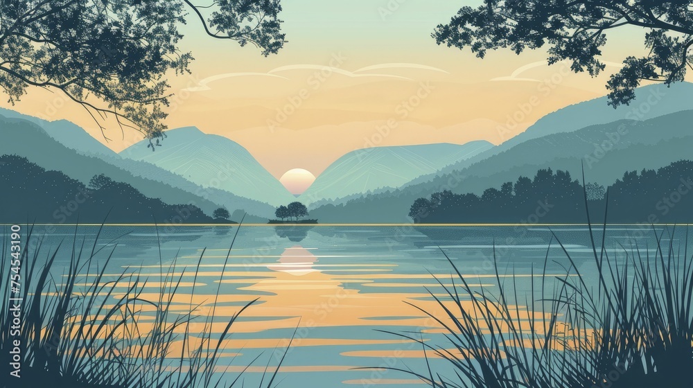 A serene lake scene illustrating the regulation of water flows and its importance for preventing floods and droughts.