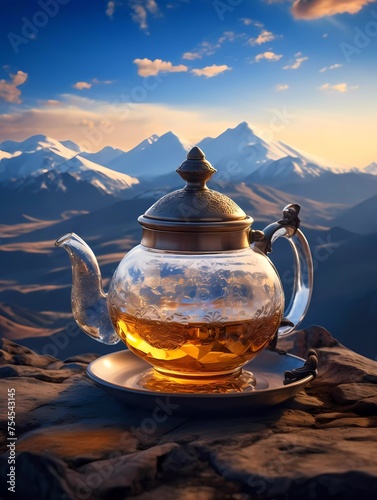 A teapot with a mountain on it sits on a table with a vase of flowers