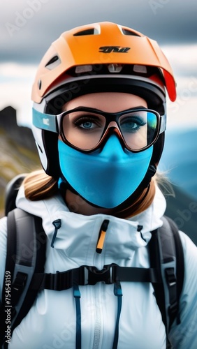 Woman wearing helmet and sunglasses glasses stands confidently before towering mountain backdrop ready for adventure, exploration.She may be gearing up for bicycle ride or some other outdoor activity. © Anzelika