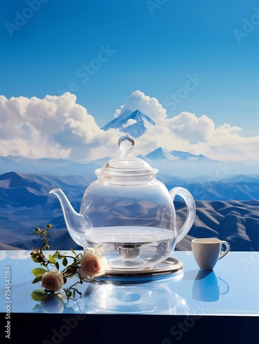 A teapot with a mountain on it sits on a table with a vase of flowers © serdjo13