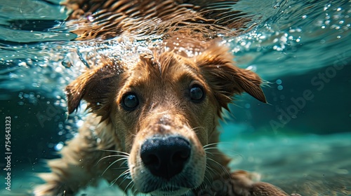 underwater close up wide image of funny dog swimming