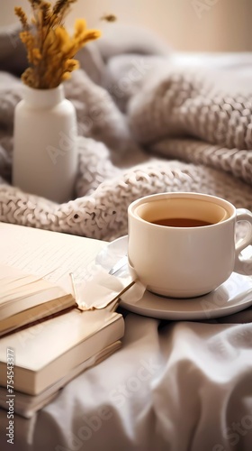 A cup of coffee is on a bed next to a book