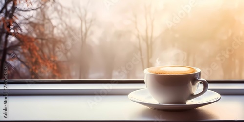 A cup of coffee is sitting on a saucer in front of a window with. Concept of calm and relaxation, as the viewer can imagine themselves sitting by the window.