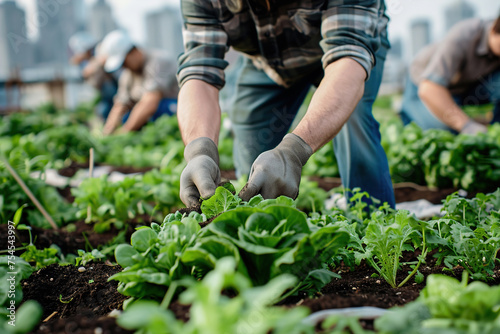 People neighbours work in community vegetable garden in an urban setting, big city on background. © Degimages