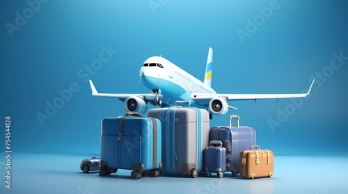 A blue suitcase is on the blue background next to an airplane