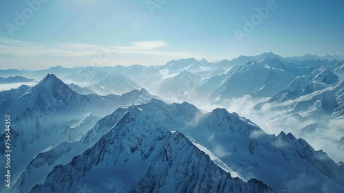 Bird's-eye view of the snowy mountains © Moribuz Studio