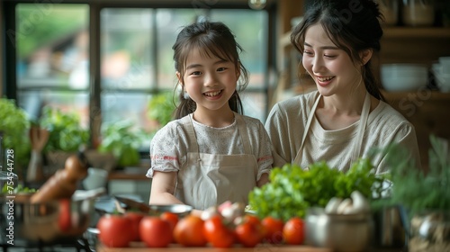 Asian mother teaches her daughter to cook. Fresh tomatoes and greens. Healthy food. Family bonding concept.
