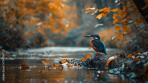 Beautiful nature scene with Common kingfisher Alcedo at this. Wildlife shot of Common kingfisher on the branch. Common kingfisher in the natural habitat. In the light, sit over the water river.